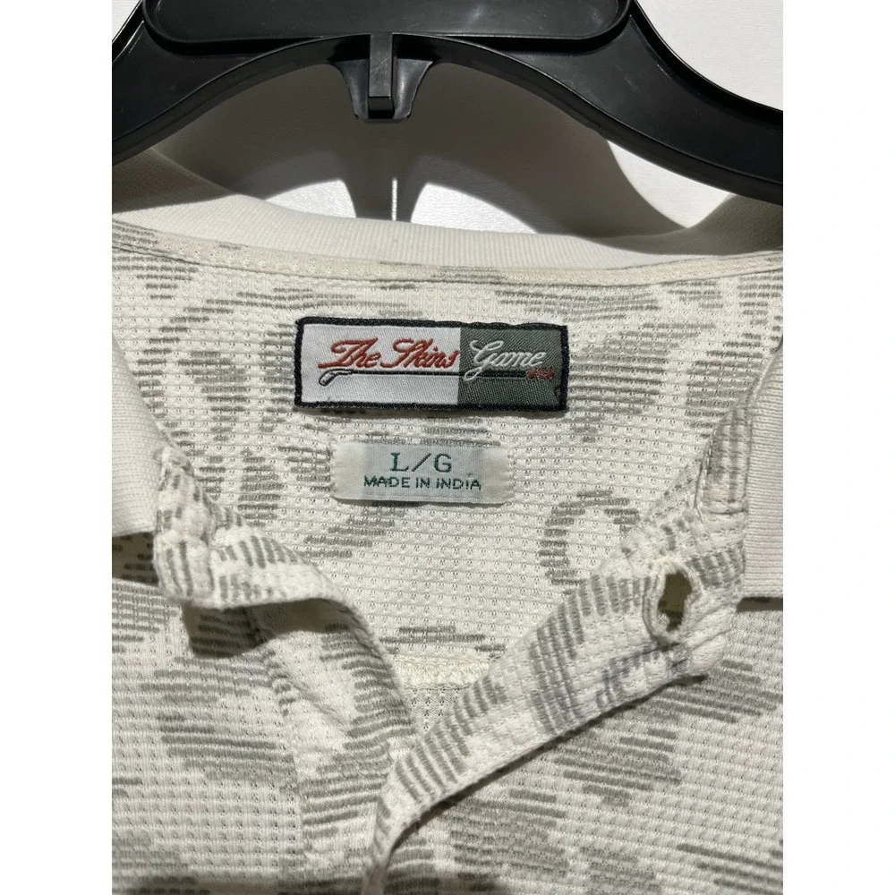 The Skins Game Mens Large Polo Shirt Waffle Knit Scroll Floral Damask Cream Grey